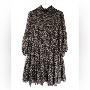 Taylor Black and Beige Smocked Tiered Dress with Ruffle Neck